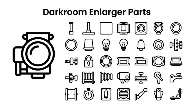 Darkroom Enlarger Parts: A collection of line art icons depicting various components and accessories of a darkroom enlarger, illustrating the technical aspects of analog photography.
