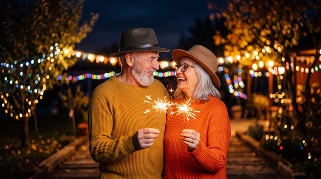 Casal idoso feliz celebra o Ano Novo com fa&iacute;scas em um jardim decorado com luzes