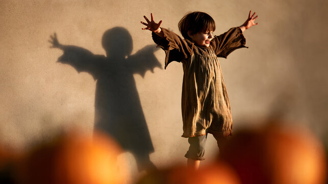 A young boy dances in front of a wall at dusk on Halloween, casting shadows on the wall.