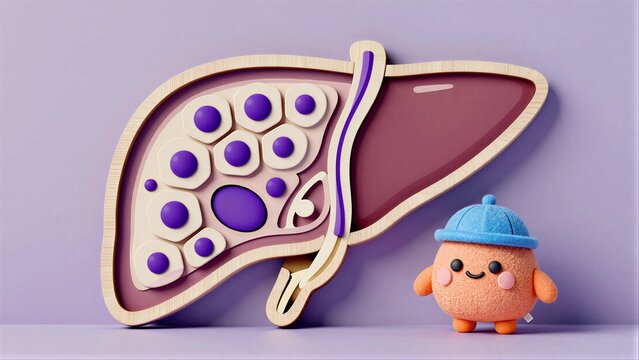 Cute plush toy stands beside stylized liver model with colorful internal structures.
