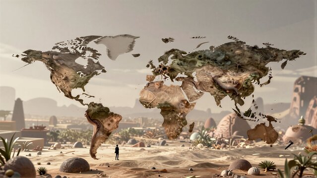 A lone figure stands before a fragmented, desert-world map under a hazy sky.