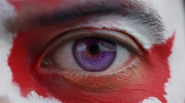 Extreme macro photorealistic footage of a fictional adult male football supporter's eye, deep violet purple iris with Japanese flag face paint