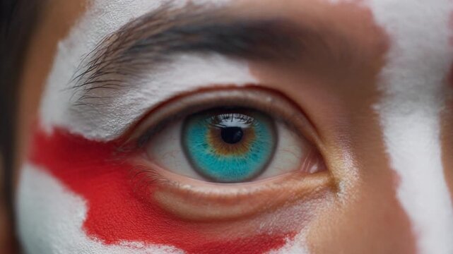 Extreme macro photorealistic footage of a fictional adult male football supporter's eye, vibrant cyan teal iris with Japanese flag face paint