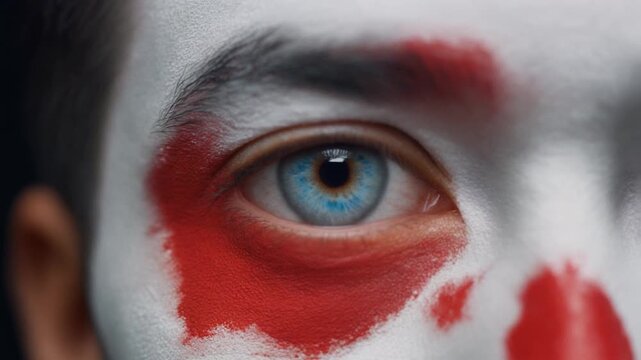 Extreme macro photorealistic footage of a fictional adult male football supporter's eye, bright ice blue iris with Japanese flag face paint