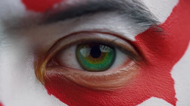 Extreme macro photorealistic footage of a fictional adult male football supporter's eye, vivid green iris with Japanese flag face paint