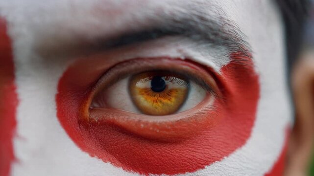 Extreme macro photorealistic footage of a fictional adult male football supporter's eye, rich amber iris with Japanese flag face paint