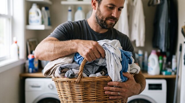 Man holding a laundry basket full of clothes in a laundry room with washing machine