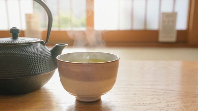 風情ある和室の窓辺、オーク材テーブルの南部鉄瓶と萩焼の湯呑みから繊細に立ち上る温かいお茶の湯気、日本の伝統美の4Kループ動画