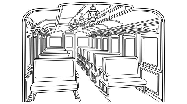 Interior view of vintage passenger train carriage with rows of seats and overhead luggage racks, line art illustration