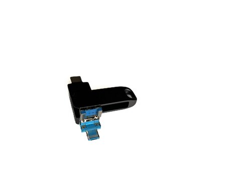 Black multi-connector USB flash drive with Lightning and Type-C adapters isolated on white background, portable data storage device.