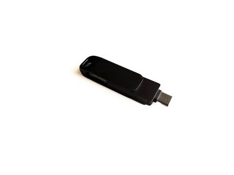 Black multi-connector USB flash drive with Lightning and Type-C adapters isolated on white background, portable data storage device.