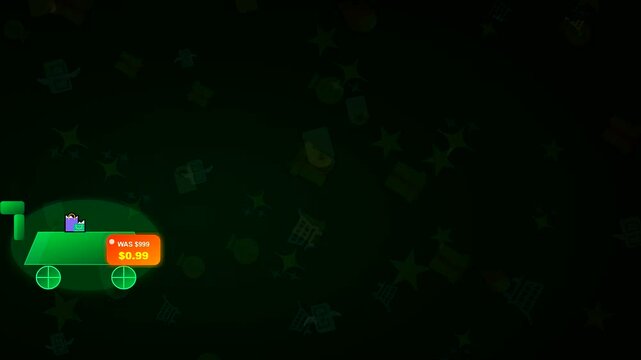Digital shopping cart icons display a price glitch during a massive black friday retail event featuring glowing green graphics and falling promotional marketing symbols
