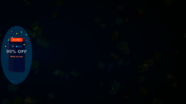 a dark digital interface showcases a black friday price glitch announcement where floating icons animate around a central glowing mobile phone screen promoting massive savings