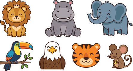 Fototapeta premium Cute Cartoon Safari and Wild Animals Clipart Vector Set with Lion Elephant Tiger Hippo Toucan Eagle and Mouse Characters for Kids Nursery Designs