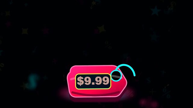 a dark atmosphere animation displays a price glitch with hovering price tags showing nine ninety nine as the primary visual theme for black friday shopping sales