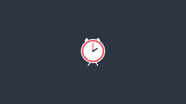 Red alarm clock ticking animation against a dark background, showing time passing with moving hands in a clean minimalist vector graphic style suitable for business schedule concepts
