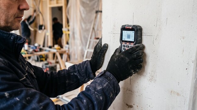 Construction worker using a digital stud finder tool to scan a wall during home renovation project