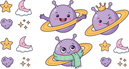 Cute Kawaii Purple Planet Monster Character Set with Saturn Rings Stars and Crescent Moon Elements for Baby Nursery Clipart and Sticker Designs © MstAkhlima