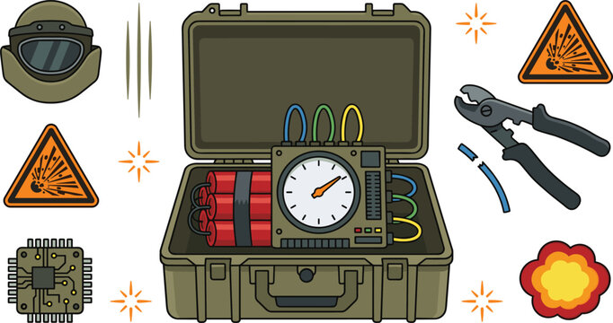 Military Time Bomb Defusal Vector Set with Briefcase Dynamite Timer Pliers and Explosion Warning Sign Icons for Tactical Game and Safety Designs