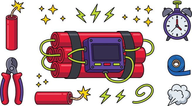 Cartoon Dynamite Time Bomb Vector Icon Set with Digital Timer Wire Cutters Alarm Clock and Lit Fuse Elements for Game User Interface Designs
