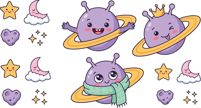 Cute Kawaii Purple Planet Monster Character Set with Saturn Rings Stars and Crescent Moon Elements for Baby Nursery Clipart and Sticker Designs