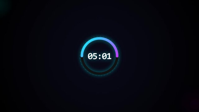 Digital countdown timer clock animation with a glowing neon circular progress bar on a dark background showing time passing for presentation video elements and screen interface designs