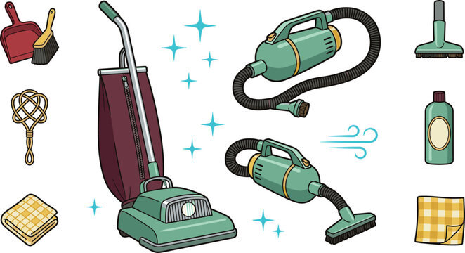 Vintage Housekeeping Cleaning Equipment Vector Set with Retro Upright Vacuum Canister Vacuum Dustpan and Carpet Beater Icons for Maid Service Designs