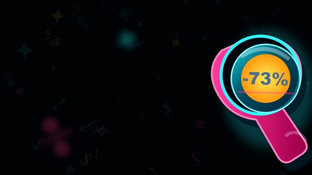 a vibrant graphic loop depicts a stylized magnifying glass revealing a black friday price glitch on an orange circular icon against a floating dark space
