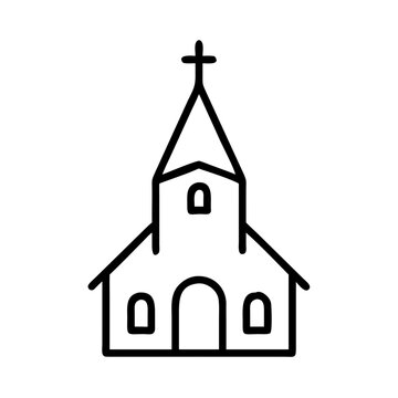 church with steeple line icon, religious building and architecture symbol for worship, faith and community concept, outline vector design