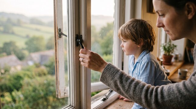 Mother and son looking out an open window at a scenic countryside landscape in the morning light