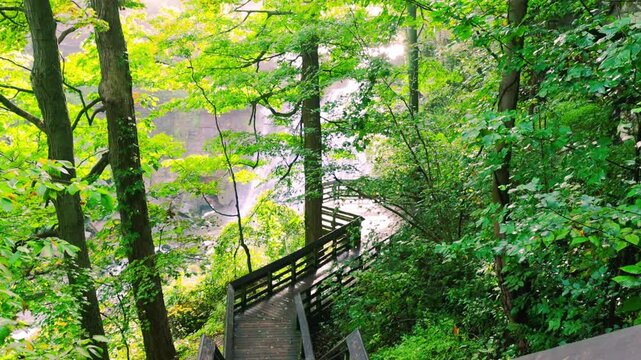 Boardwalk Descending Into The Lower Gorge To Brandywine Falls Lower Viewing Platform, Cuyahoga Valley National Park, Ohio, USA