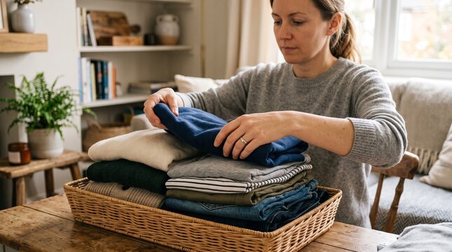Woman folding laundry neatly into a basket at home, organizing clothes for storage or washing