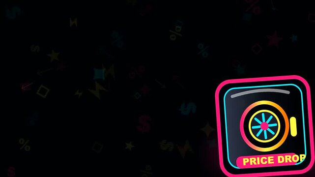 Neon vault icons floating across a dark screen display during a dynamic black friday sale event featuring a rapid digital price glitch motion effect