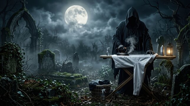 Absurd Surreal Horror Concept of a Hooded Shadowy Silhouette Ironing a White Dress Shirt in a Misty Moonlit Graveyard for Creative Advertising Background