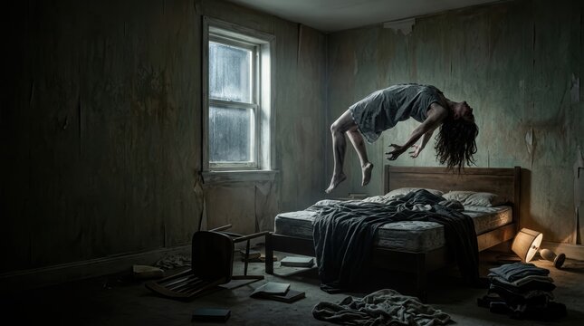 Cinematic horror photography of a possessed woman levitating above a bed in a dark unsettling bedroom with copy space.