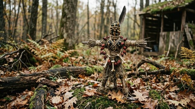 Ritualistic effigy made of organic materials in an eerie autumnal forest, unsettling psychological horror photography with natural copy space.