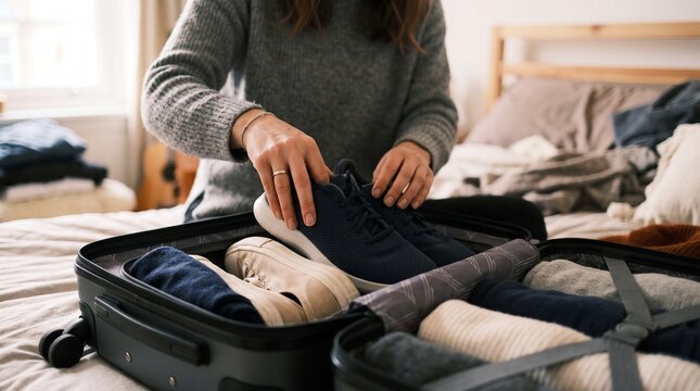 Woman packing suitcase with clothes and shoes for travel on bed