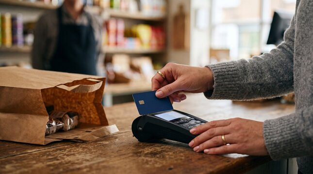 Customer paying with credit card at point of sale terminal in a small shop