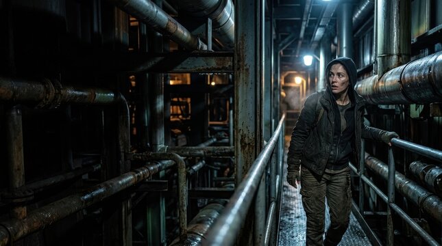 Cinematic industrial gothic horror banner featuring an apprehensive woman exploring a dark factory with rusted pipes and deep shadows, large copy space for commercial design.