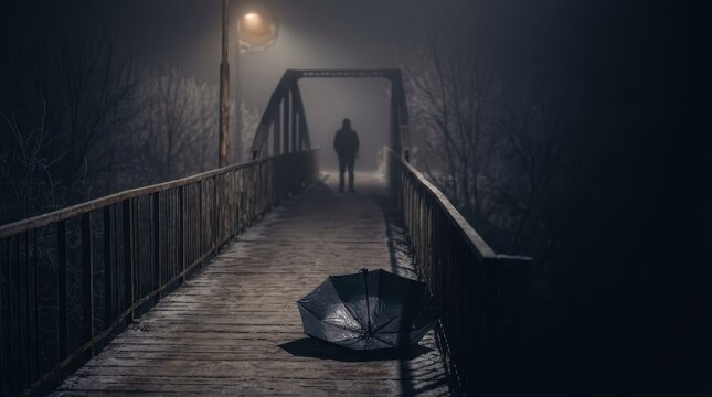 Mysterious Silhouette on Foggy Bridge with Abandoned Umbrella, Dark Psychological Suspense Banner
