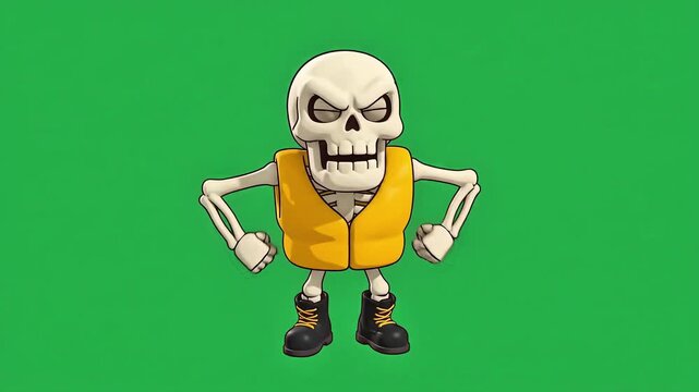 Animated skeleton waiting character wearing a safety vest for construction site design projects