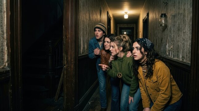 Fearful Group of Friends Peering into Dark Corridor in a 1970s Vintage Haunted House Halloween Horror Scene