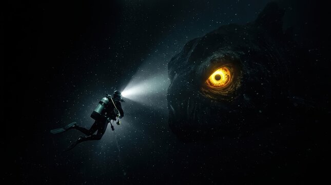 Scuba diver encounters colossal bioluminescent eye of deep sea leviathan in dark water.