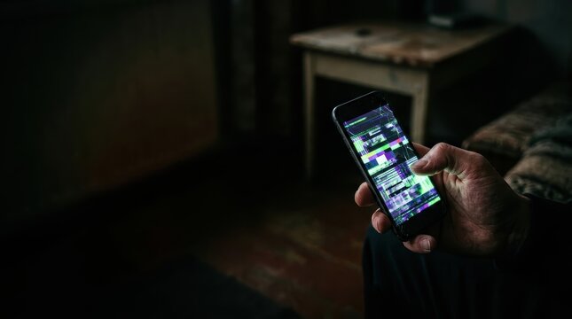 Glitching smartphone screen held by trembling hand in dark room representing digital dread and existential horror for hero banner.