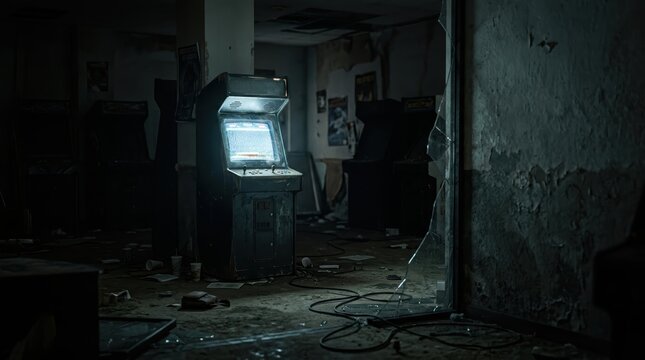 Abandoned arcade with a glowing machine in a dark suspenseful setting for hero banner usage.