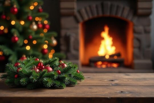 Rustic wooden table, Christmas wreath, fireplace flames , fire, season, interior