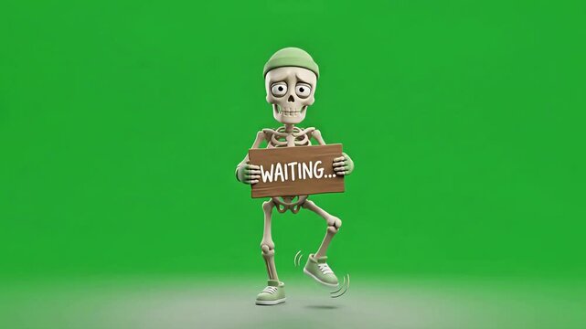 A funny 3D skeleton waiting animation featuring a quirky character holding a sign against a clean green background for creative projects