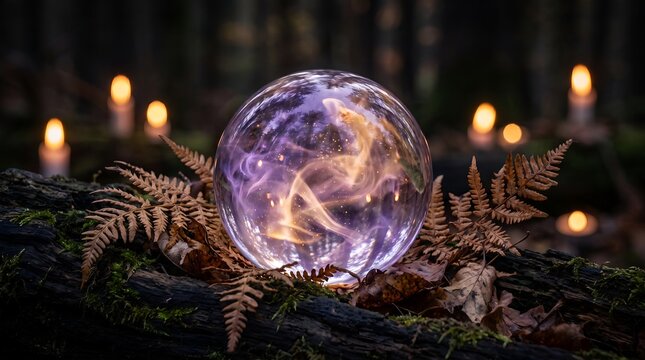 Glowing Crystal Ball with Swirling Purple Smoke on Mossy Tree Trunk in Mystical Autumn Forest