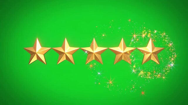 Five golden rating stars appearing one by one with sparkling light effects on a solid green background for chroma key compositing