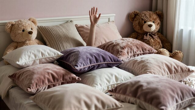 Cozy bed with plush pillows, teddy bears, and a raised hand waving.